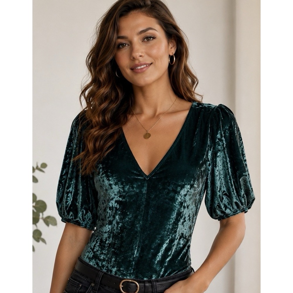 Intimately Free People Velvet‎ Don't You Wish Bodysuit Puff Sleeve Size XS Teal